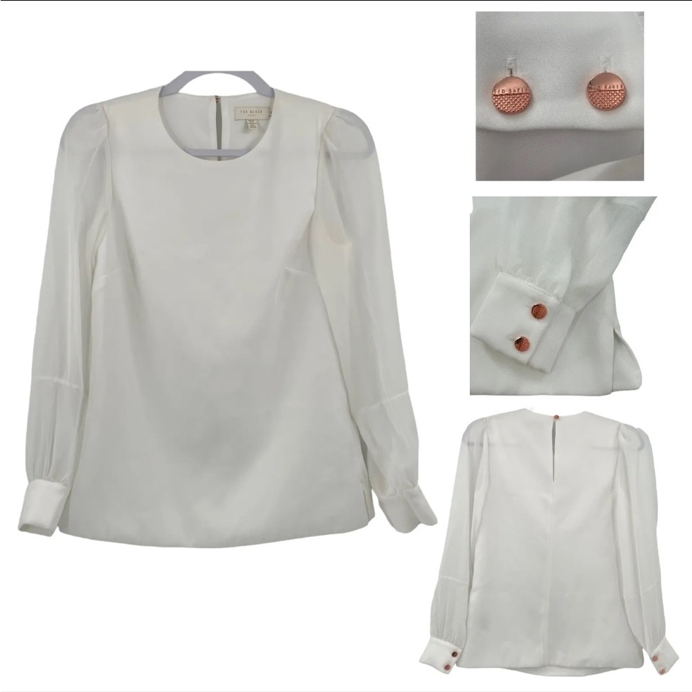 Ted Baker Kriista Sheer Blouson Sleeve Blouse Ivory Rose Gold Buttons XXS $195